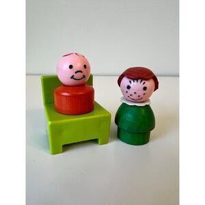Vintage Fisher-Price Mom Woman Son Boy Red Hair Toy Figures with Green Chair